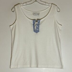 VTG Hunters Glen Tank Womens Medium White Blue Gingham Neck Tie Top USA MADE Y2K